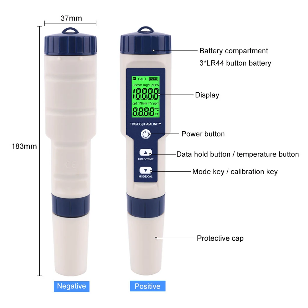 Тестер качества воды 5 в 1 TDS/EC/PH/солености/TEMP со сменным электродом может измерять