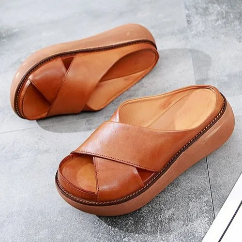 

On A Wedge Med Big Size Female Shoes Ladies' Slippers Platform 2021 Slides Rubber Round Toe Fabric PU Basic Retro Sewing