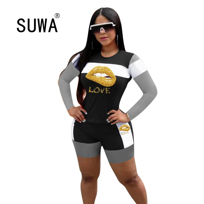 

Newest Sport Patchwork Love Lips Print Women two piece set Tracksuits Tee tops Shorts jogger pants Suit Outfits Matching Set