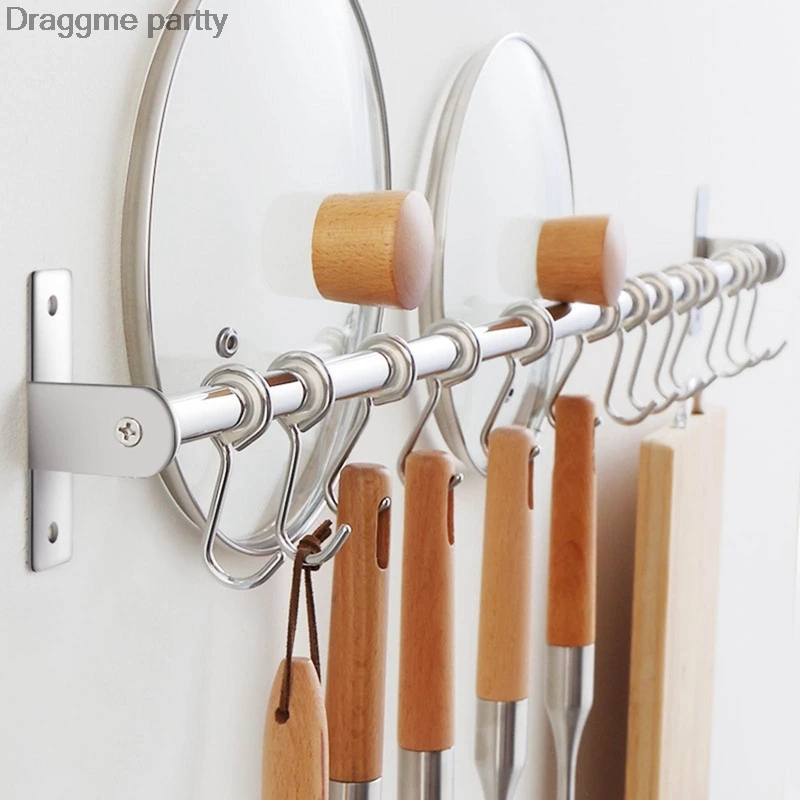 

Wall Mounted Utensil Rack, Stainless Steel Hanging Kitchen Rail Removable Hooks Hanger Organizer For Utensil