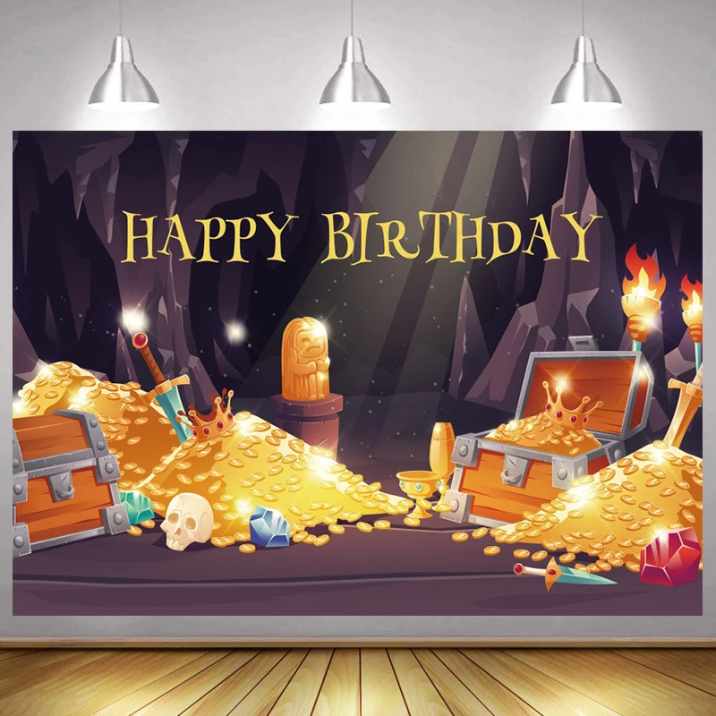 

Adventure Theme Baby Birthday Party Photography Backdrop Treasure Gold Coins Decor Poster Background Personalized Banner Studio