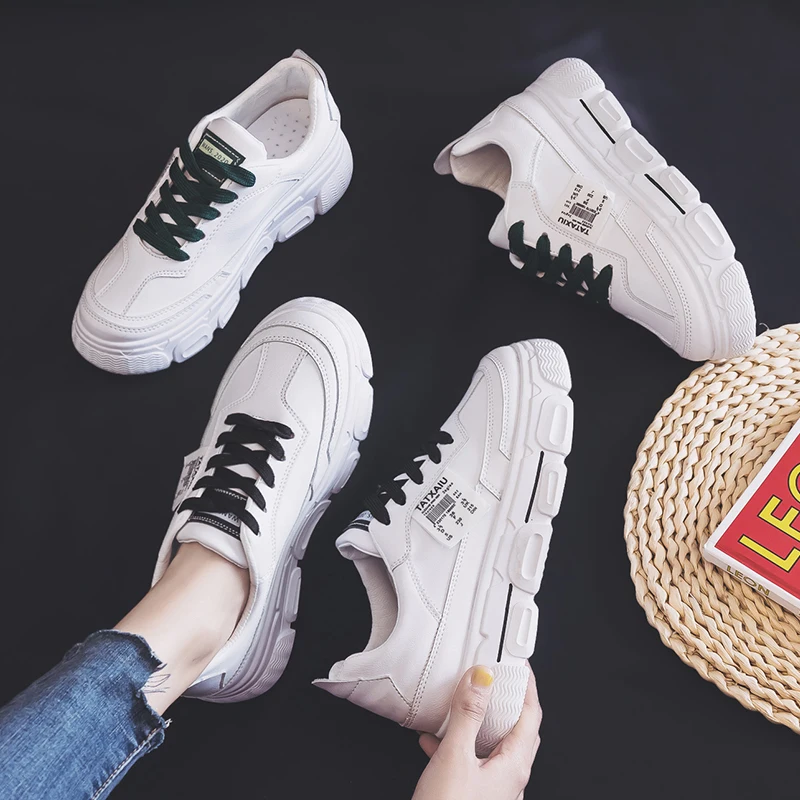 

Women Platform Sneakers Korean Fashion PU Leather Trainers Womens Chunky Sneakers Tenis Female 2020 Spring Lace Up Casual Shoes