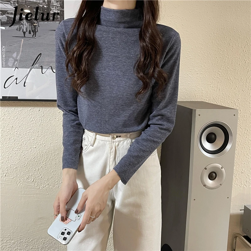 Jielur Серая эластичная женская футболка однотонная Базовая с длинным рукавом