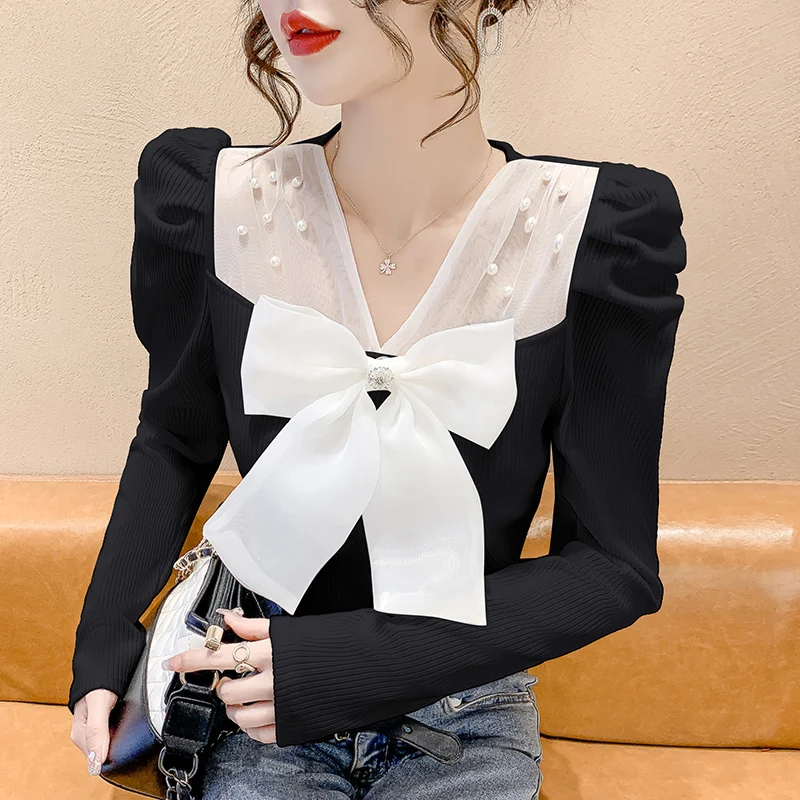 

Women Slim Full Puff Sleeve Tshirts Tee Shirts Lady Patched Beading Mesh V Neck Bowknot T-shirts Girls Spring Crop Tops