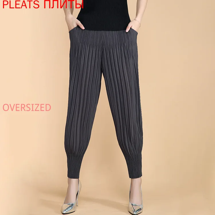 

Summer Casual Cropped Trousers High Waist Loose Harem Pants Elastic Waist Radish Pants Miyake Fold All-match Fashion Pants