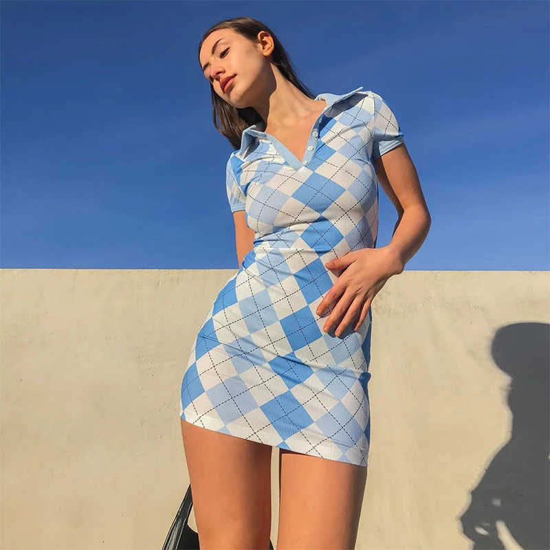 

2021 New Summer Plaid Short Sleeve Bodycon Dress Casual Y2K Aesthetic Mini Dresses Women Gothic Skinny Preppy Style Streetwear