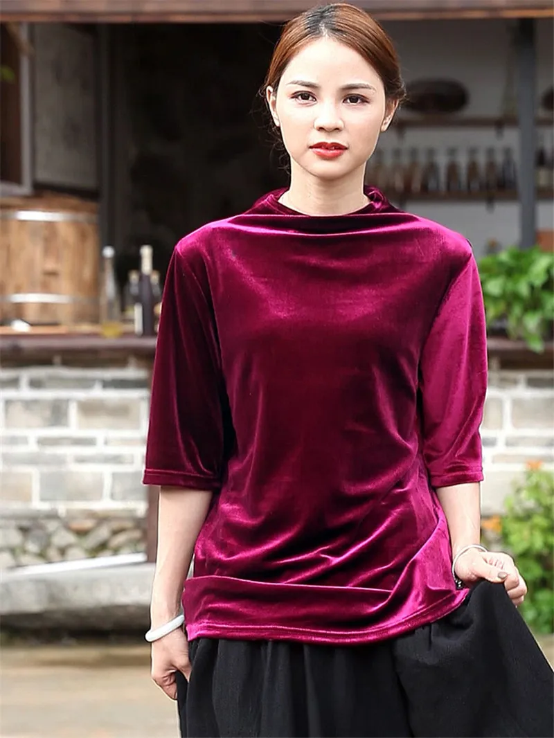 

Весенне-осенняя Женская бархатная футболка, мягкая свободная модная футболка с рукавом до локтя, черные, винные, розовые облегающие топы-