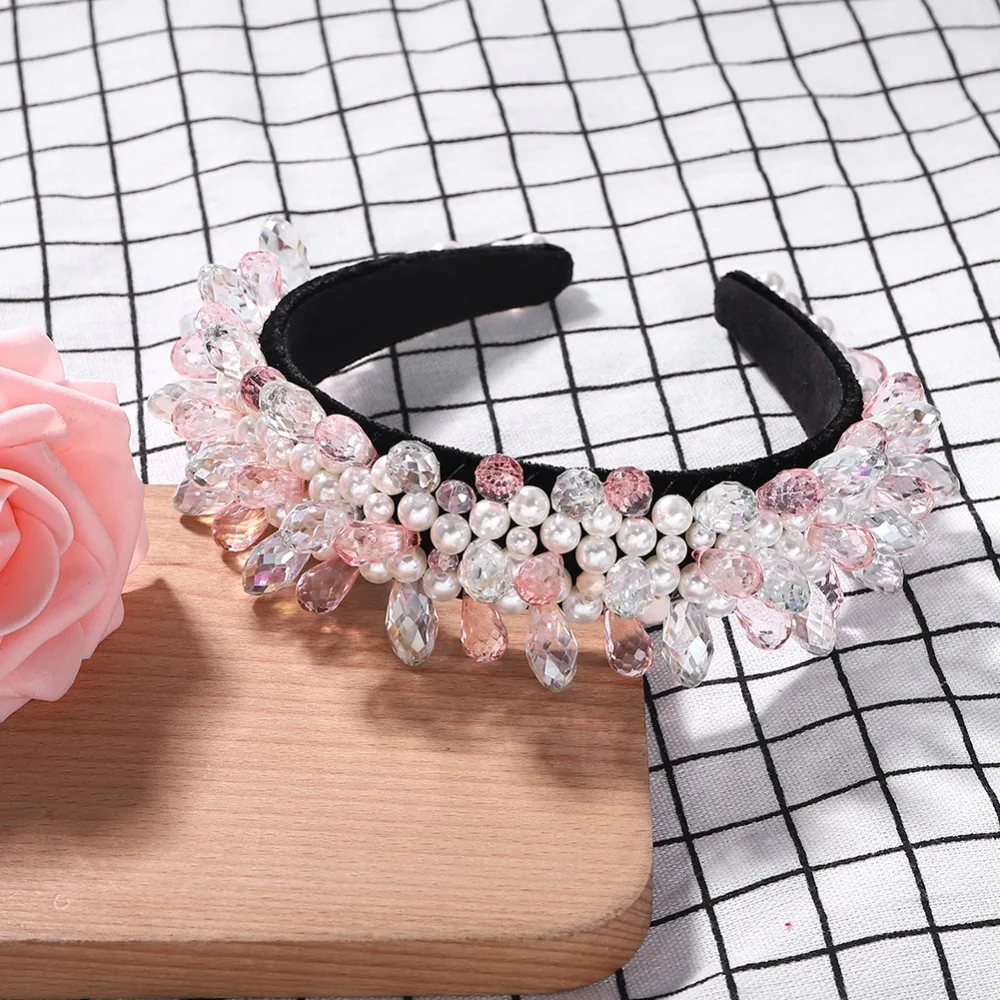 Vedawas Multi-Color Gem Baroque Headbands Women Diamond Hair Accessories Pearl Headband Girls Crown Flower Hairbands Head Wrap