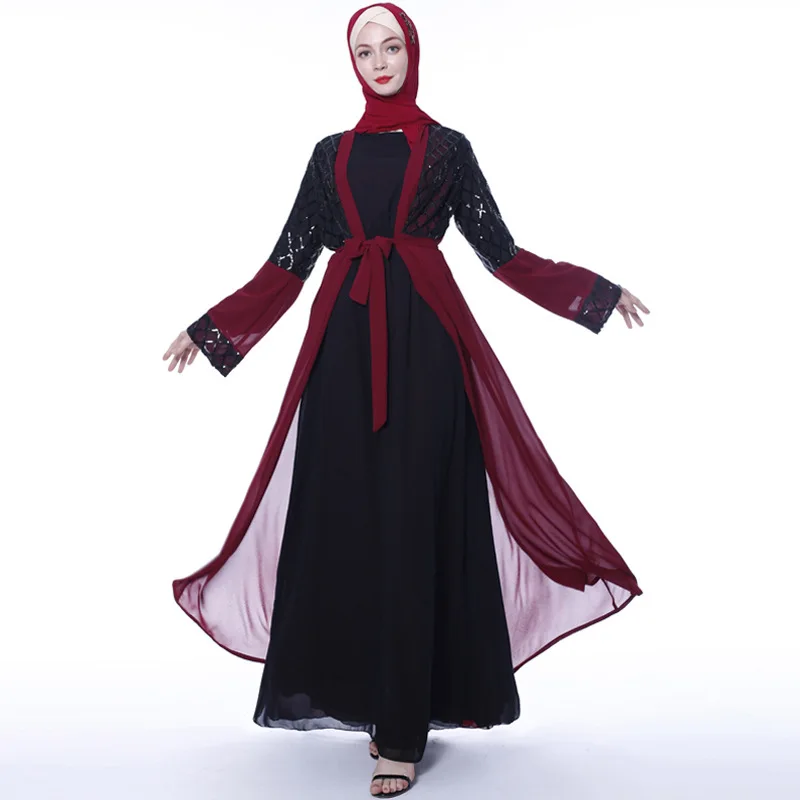 latest Dubai long-sleeved dress Muslim party Abaya ladies Arabian lace cardigan patchwork Turkish Islamic prayer gown robe