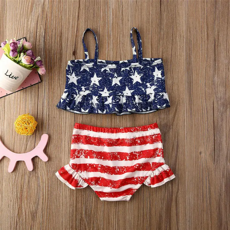 Independence Day Swimwear Toddler Kid Baby Girl Clothes Set Summer Sleeveless 4th July Striped Swimsuit Bathing Suit Clothing | Детская