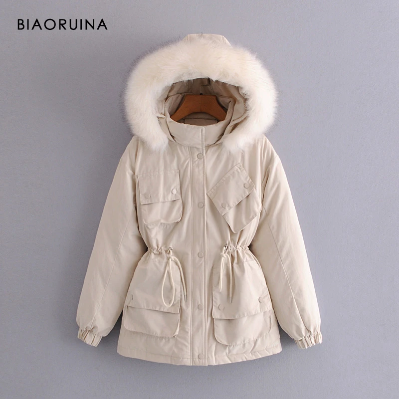 

BIAORUINA Women's Pure Color Loose Thick Keep Warm Winter Casual Faux Fur Hooded Parkas Drawstring Waist Fashion Jacket Coat