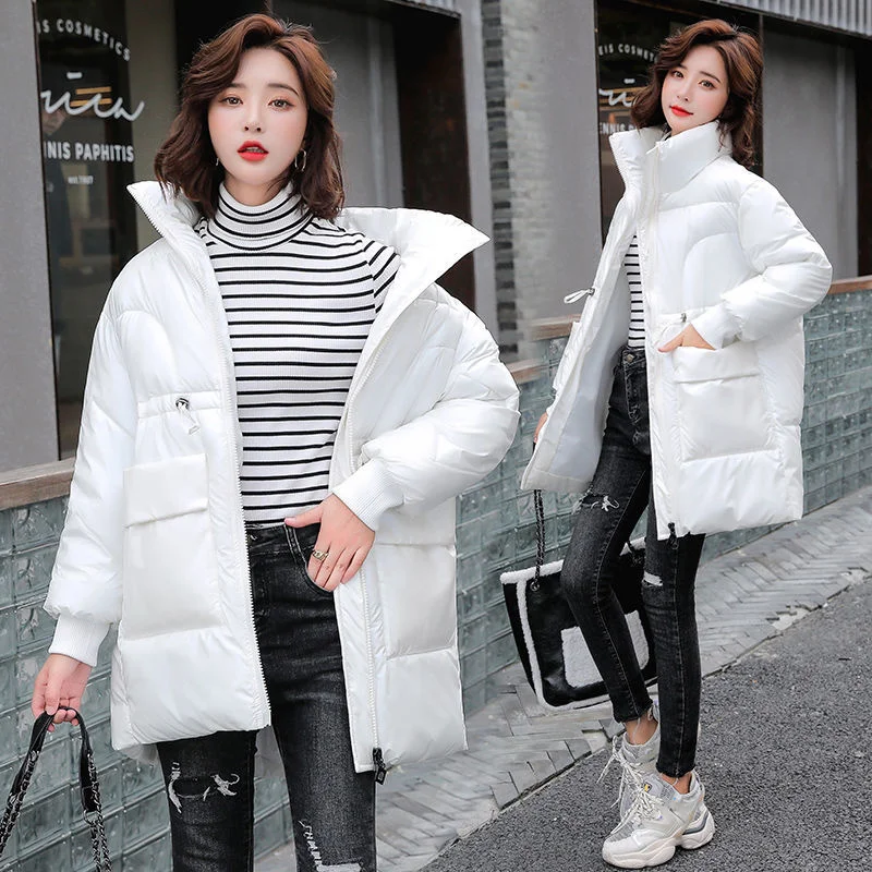 

Women 2021 Winter Cotton Padded Coat Bright Korean Stand Collar Loose Solid Long Sleeve Hio Hop Loose Warm Coats Parkas