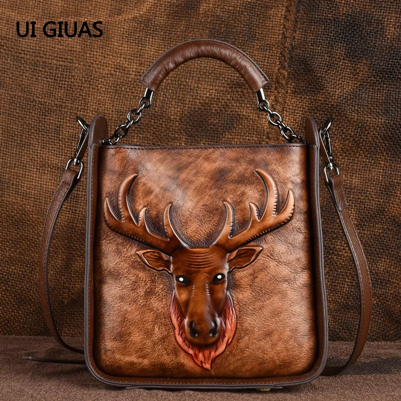 

UI GIUAS Brand Deer Women Handbag Lady Messenger Bag Oblique Cross Package Female Single Shoulder Bag Genuine Cowhide Made