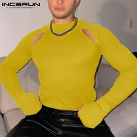 incerun tops 2022 mens hollow out camiseta o neck hot sale male long sleeve tees pullover bottoming fashionable t shirts s 5xl