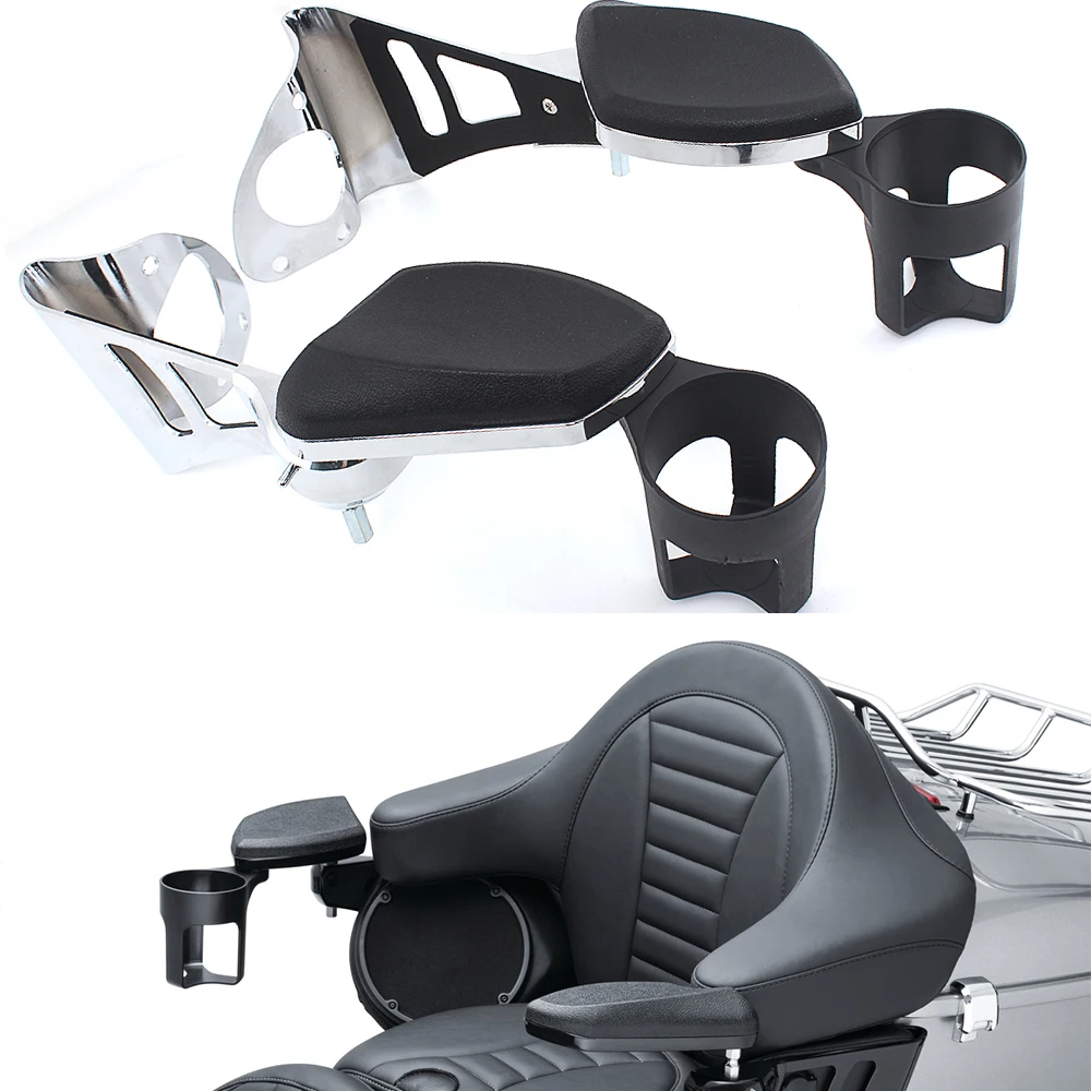 

Motorcycle Adjustable Passenger Armrests Cup Holder Swing-Out Bracket For Harley Electra Glides Road GlideS Ultra Tri Glides 14+