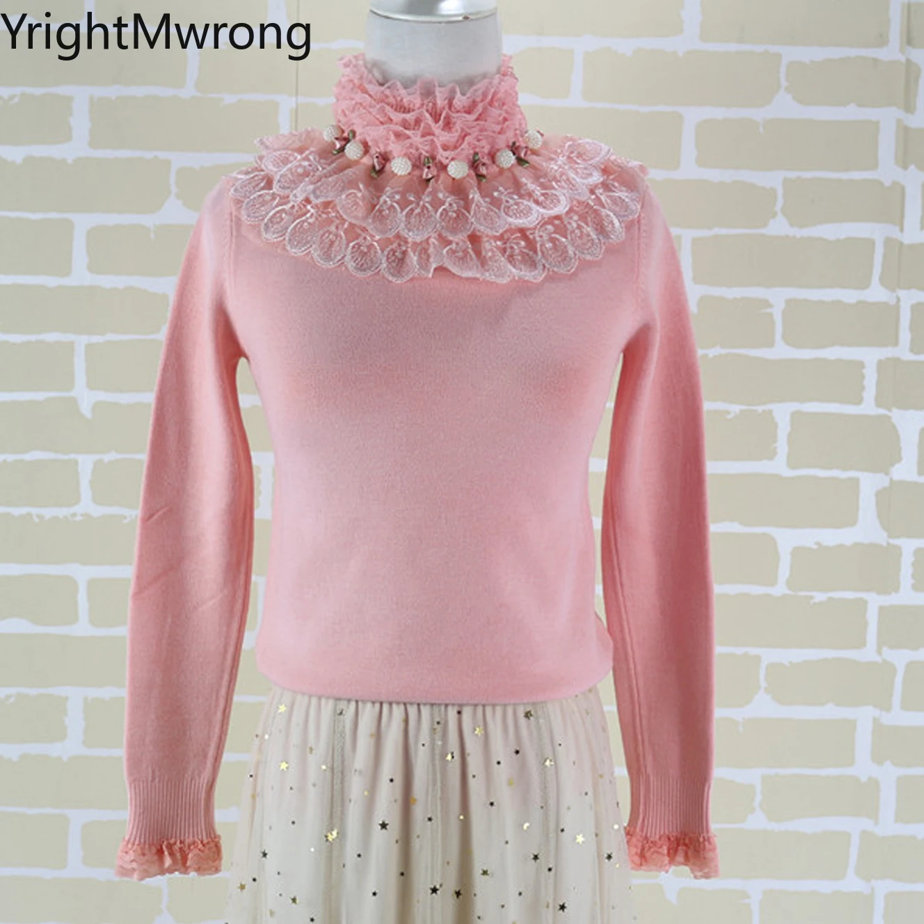 High Neck Bow Warm Fleece Slim Stretch Knit Ruffle Lace Pearls Flower Red Pink Black White Sweater Cute Pullover Winter Fall Top | Женская