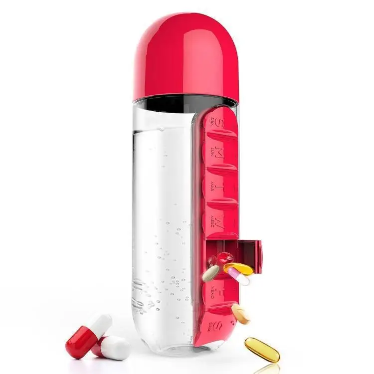 

600ml Sports Plastic Water Bottle Combine Daily Pill Boxes Organizer Drinking Bottles Leak-Proof Bottle Tumbler Outdoor