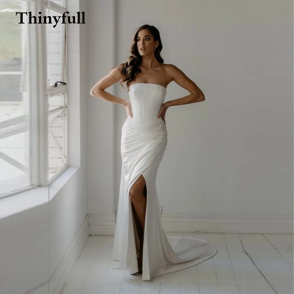 

New Long HIgh Side Slit Mermaid Wedding Dresses Sleeveless Strapless Pleated Bridal Gowns Princess Mariage Dress 2021 Vestidos
