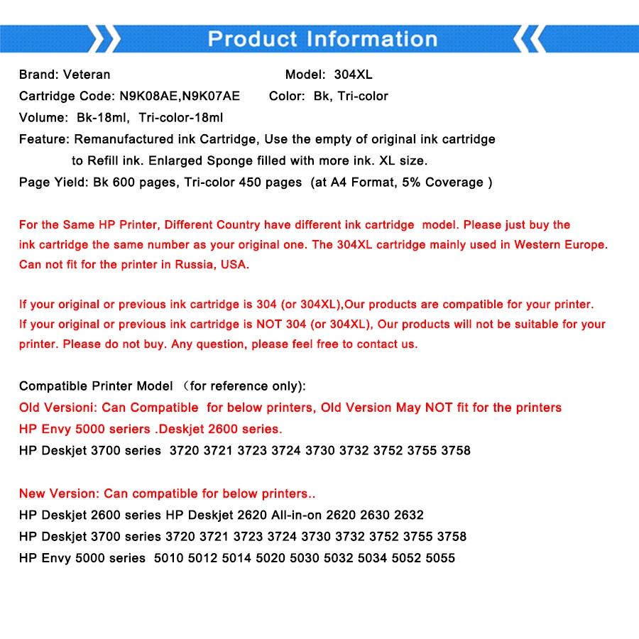 Veteran 304 Compatible for Hp 304XL Ink Cartridge New Generation Deskjet Envy 2620 2630 2632 5030 5020 5032 3720 3730 5010 | Компьютеры и