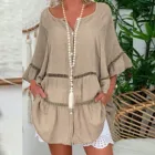 Размера плюс свободная блузка женская рубашка из плотного хлопка, лен открытое 34 Длина рукавом Уличная пуловер с v-образным вырезом Blusas Mujer