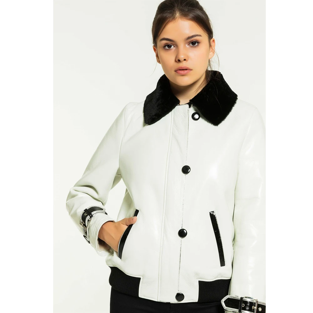 2019 New Womens White Shearling Jacket Turkey Fur Jacket College Outwear Slim Fashion Fur Coat Short Leather Jacket