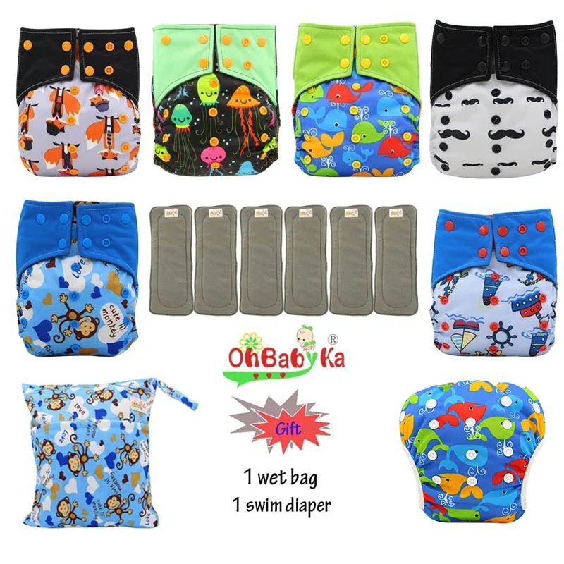 OhBabyKa детская Пеленка из моющейся ткани бамбуковый уголь Многоразовые Все-в-два карман подгузник Регулируемый+ 6 шт бамбуковые вставки детские подгузники