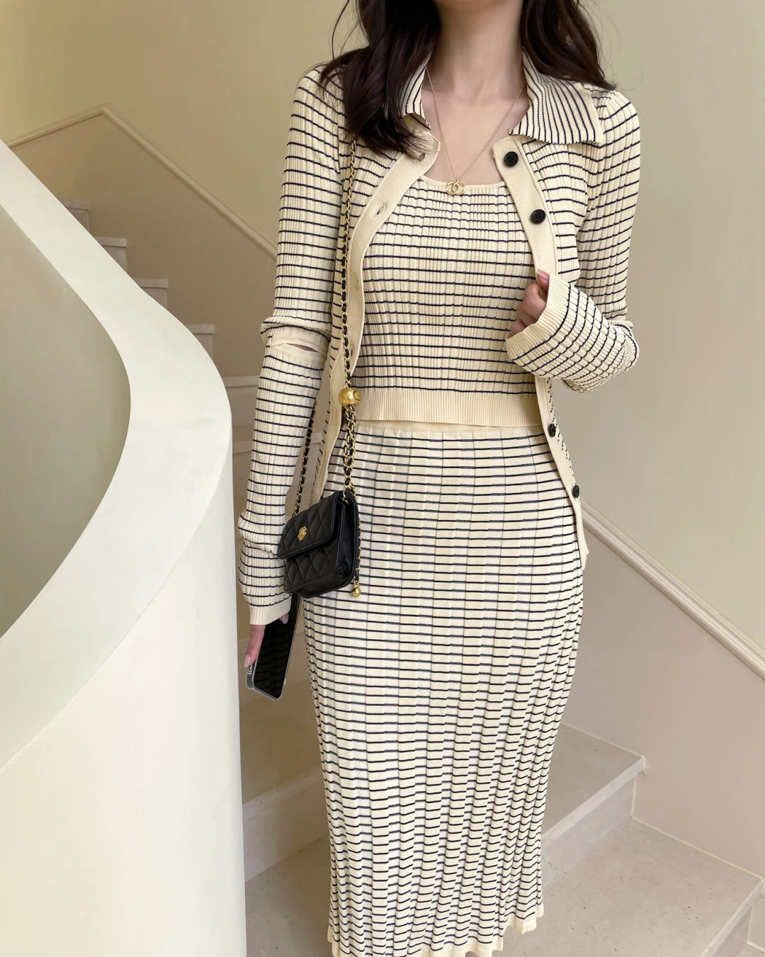 

Elegant Striped Knit 3 Piece Set for Women Lapel Long Sleeve Cardigan Sweater Square collar Vest High waist Mid Skirt Slim Suits