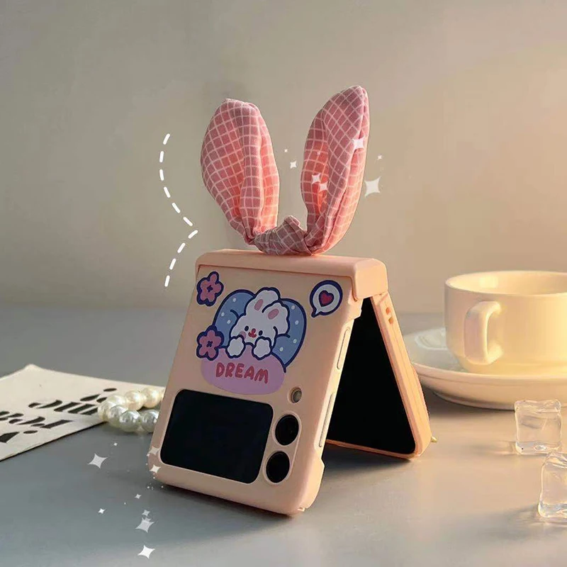 For Samsung ZFlip3 Cases Cartoon Rabbit DIY Three-in-one Matte Powder Shell Rabbit Ears Portable Pearl Cover for Samsung ZFLIP3