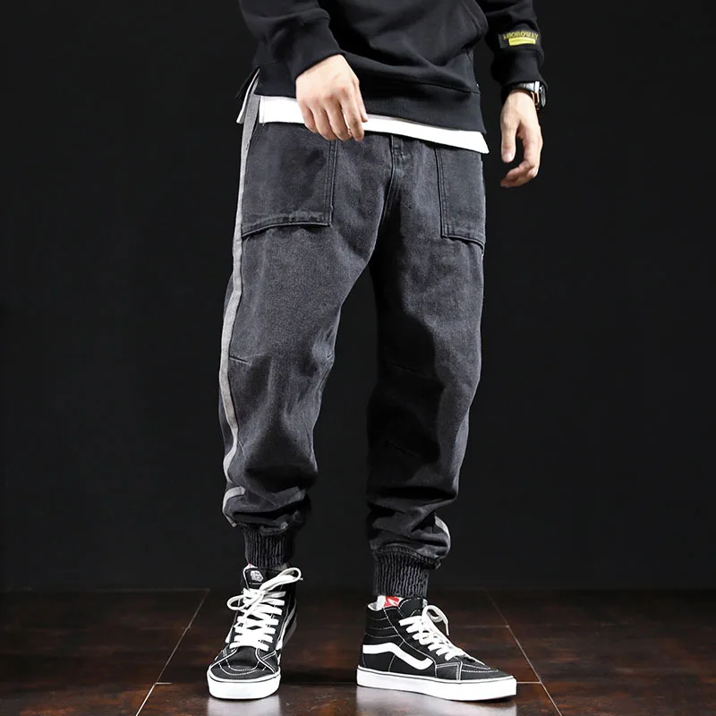 

Мужские джинсы в стиле хип-хоп, черные или серые джинсовые брюки-карго с боковыми полосками, брюки-султанки в винтажном стиле, 2021