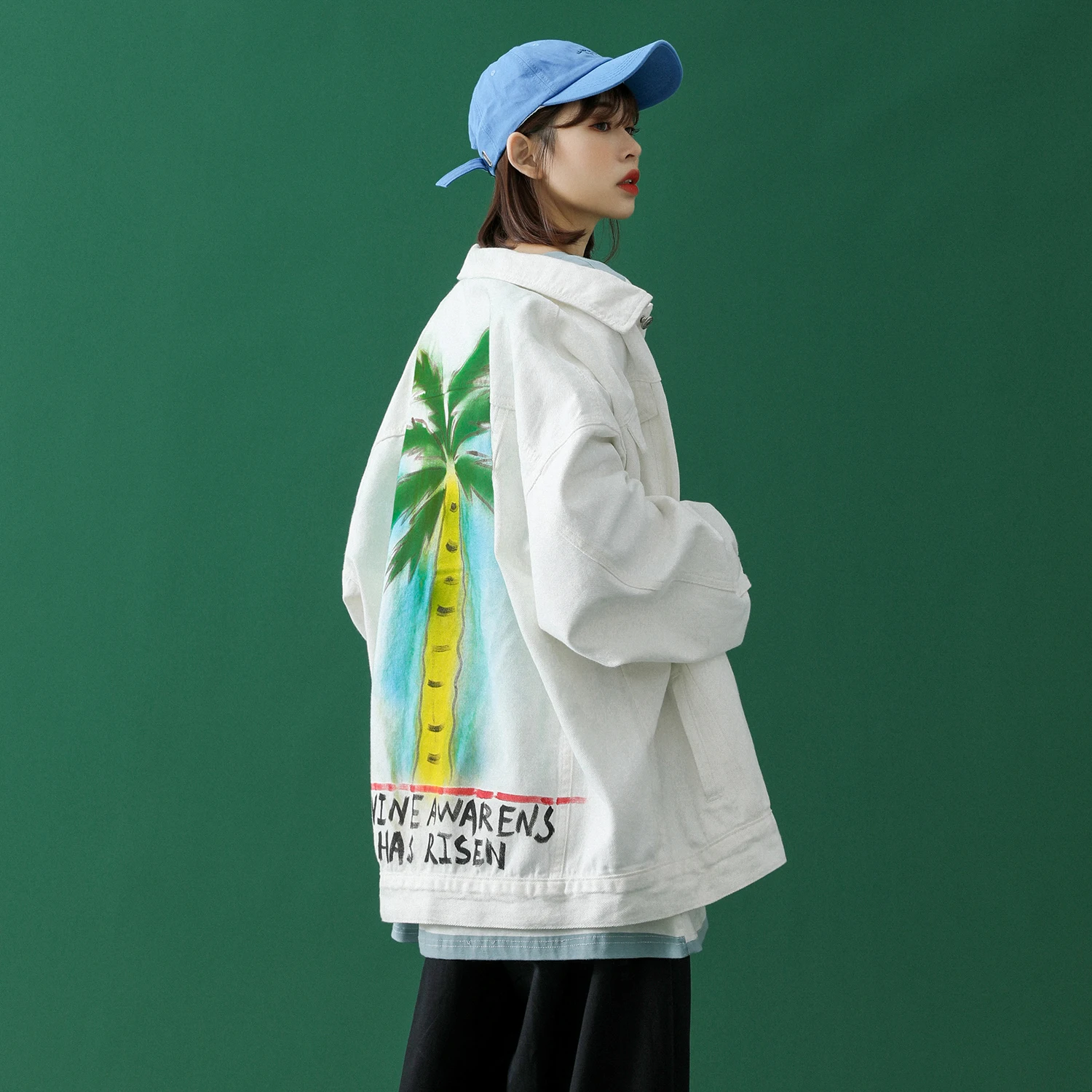 Женская джинсовая куртка с принтом кокосовой пальмы Повседневная Свободная