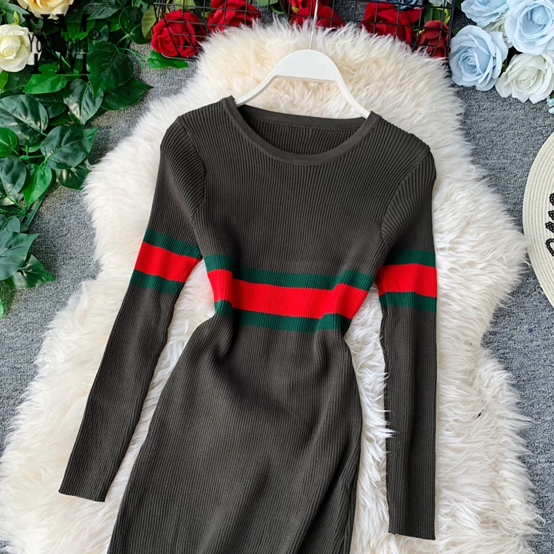 Женское трикотажное платье с круглым вырезом новинка 2019 Осеннее и зимнее