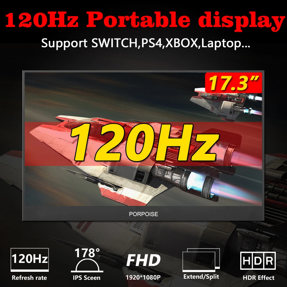17.3 inch portable monitor narrow side computer extension 1080p 120Hz  Cscreen Ps4 Switch Xbox Huawei phone gaming monitor
