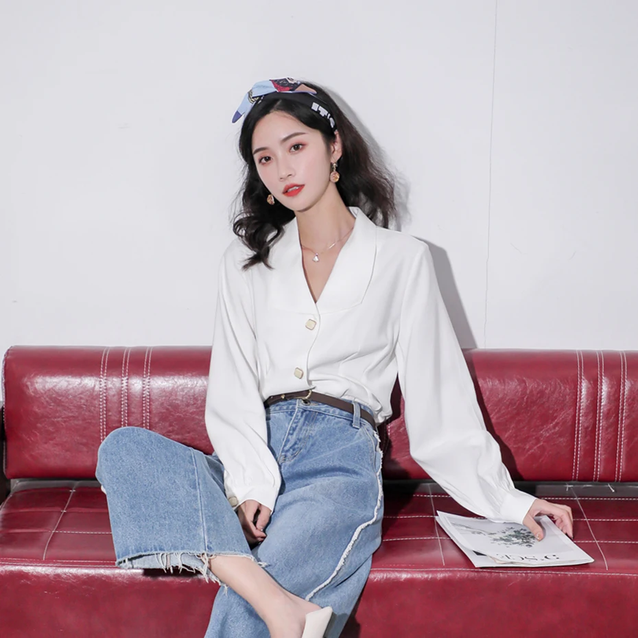 

OL Work Blouse Women Big Lapel Shirt Female Autumn 2021 New French Retro Long Sleeve Lantern Sleeves Top Shirts Ladies
