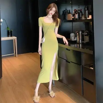 

Dress women's long cross knee slit versatile sexy slim comfortable nightclub