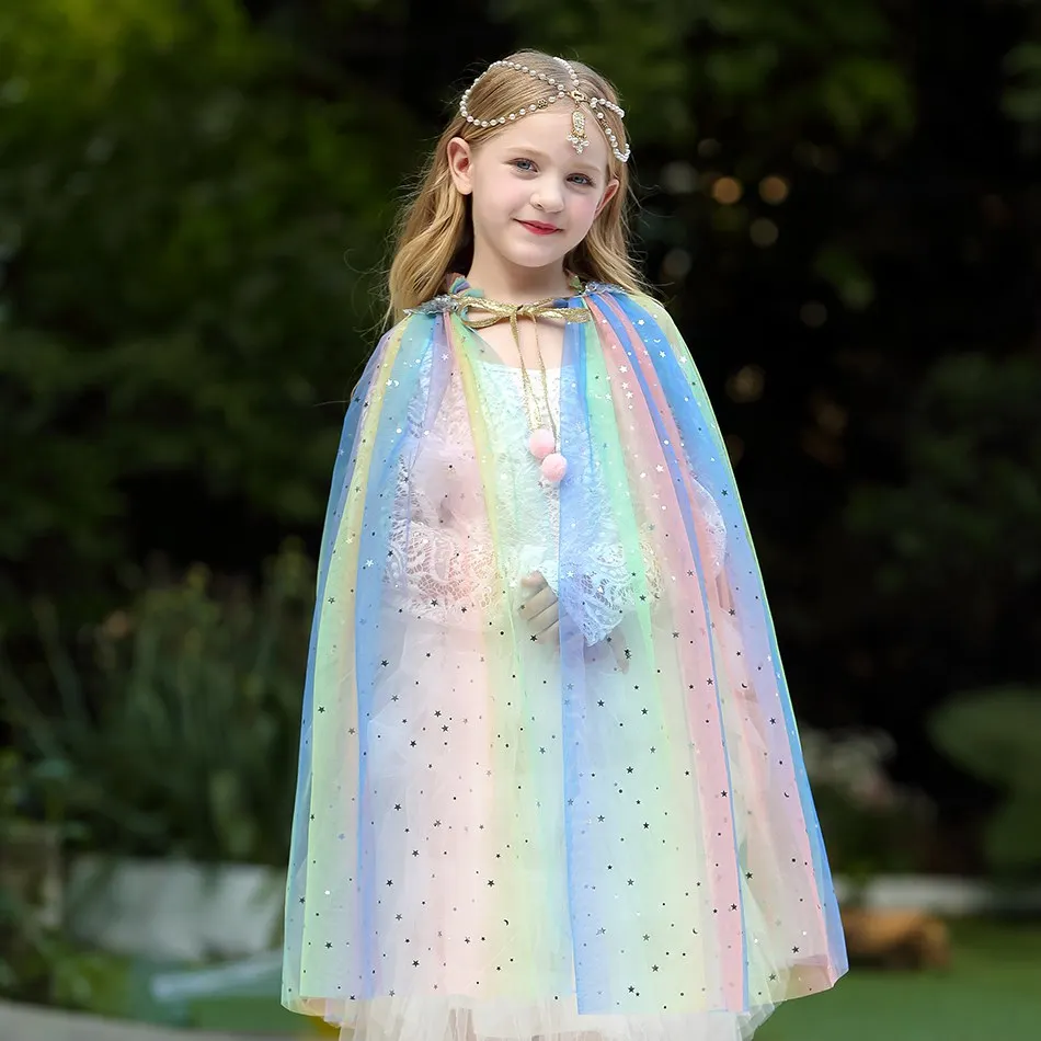 Girls Sequins Rainbow Cloak Kids Elza Jasmine Sofia Aurora Pageant Party Cape Princess Costume Halloween Carnival Cosplay Mantle | Детская