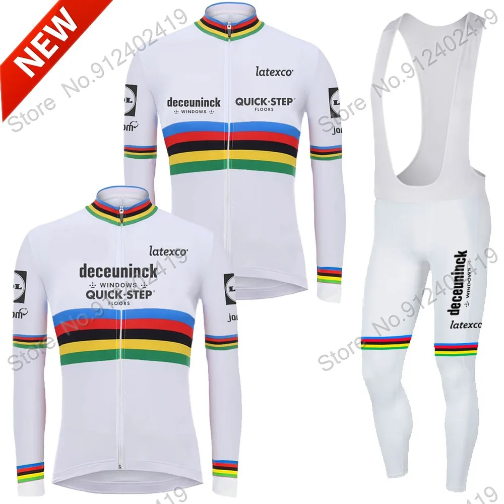 

Whit 2021 Quick Step Champion Men Cycling Jersey Set Summer Cycling Clothing Long Sleeve Bike Road Pants Bib MTB Maillot Culotte