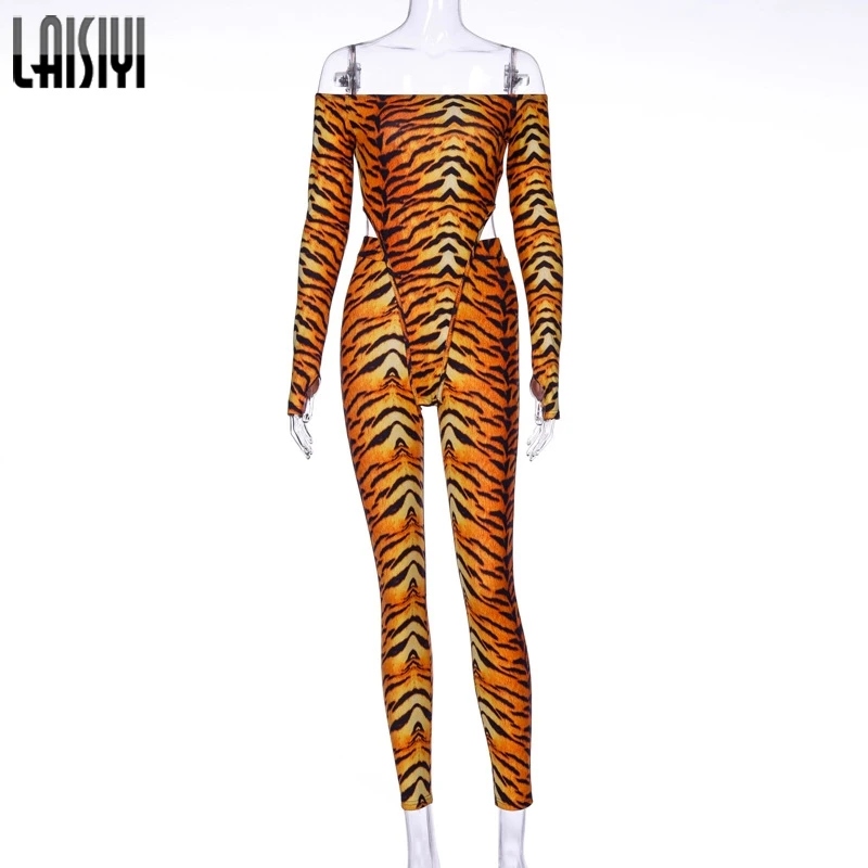 Tiger LAISIYI Мода Змея 2 комплект из двух предметов для женщин осень зима одно плечо укороченный топ Высокая талия юбка Сексуальная Клубная одежда костюмы с принтом - Цвет: Tiger