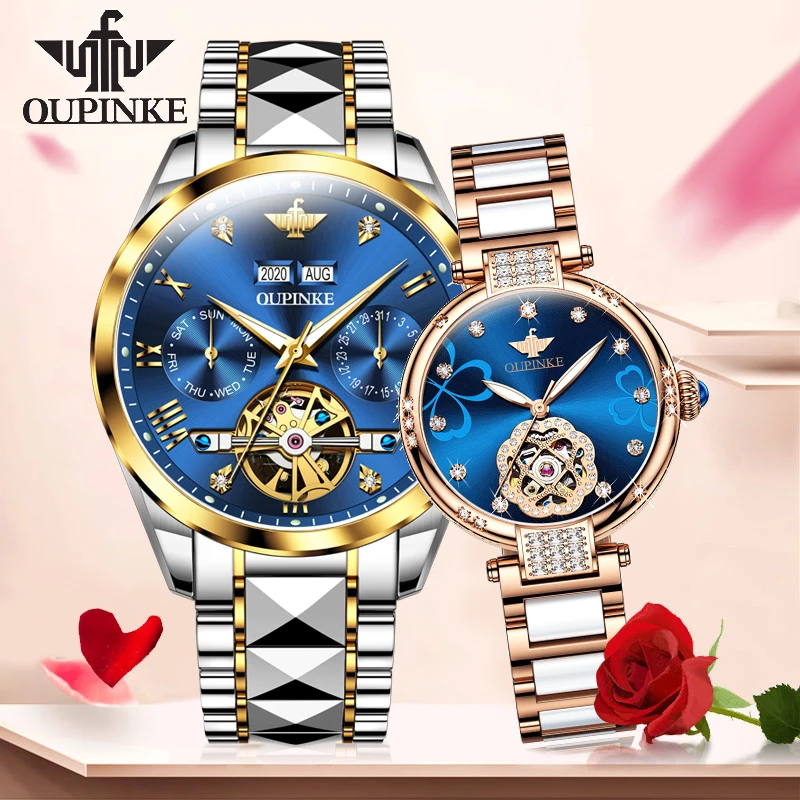OUPINKE Fashion Lovers Watches Luxury Men Chronograph Mechanical Wristwatch Women Elegant Ceramic Automatic Watch Sapphire 3186