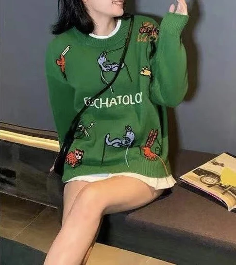 

21 Autumn/Winter new style wool handmade flowers delicate soft elastic cartoon embroidery casual loose sweater green blue couple