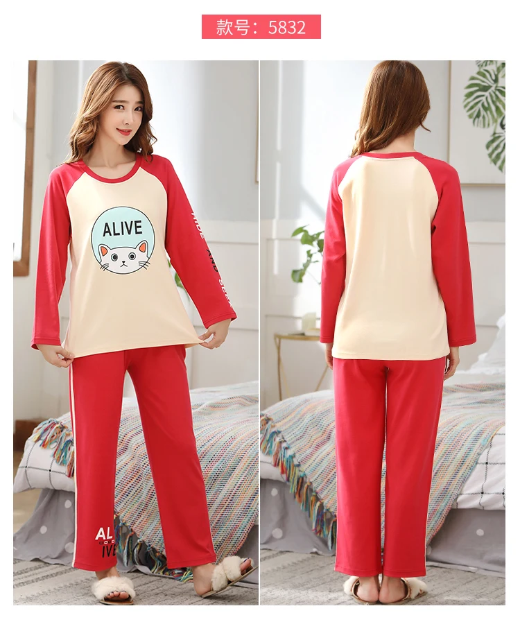 M L XL XXL 3XL 4XL 5XL Женская одежда для сна с длинным рукавом, хлопок, комплекты одежды для сна, осенние пижамы, женские пижамы