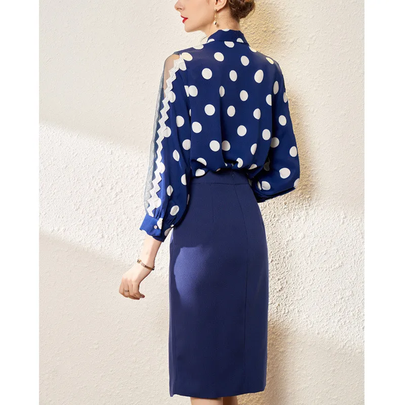 Women's Tracksuit 2 Piece Set Spring Autumn Clothing Scarf Collar Mesh Splicing Dot Blouse And Split Skirt Elegant Fashion Suits