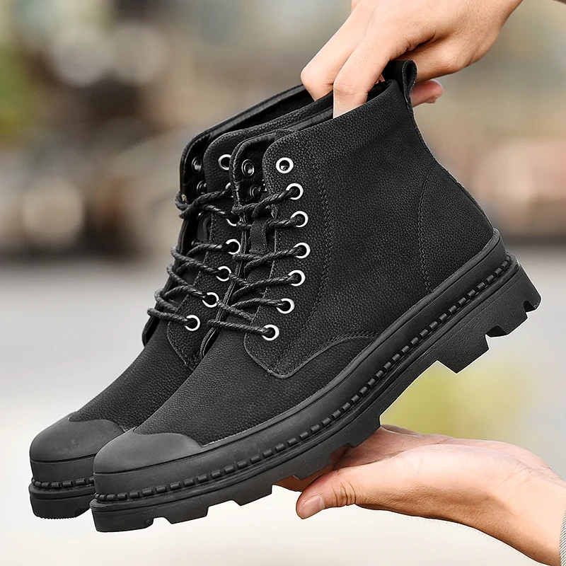 

Superstar Black High top Martin Boots Men Winter Work Shoes Leather Ankle Boots Men Military Fur Snow Boots For Men Big Size 47