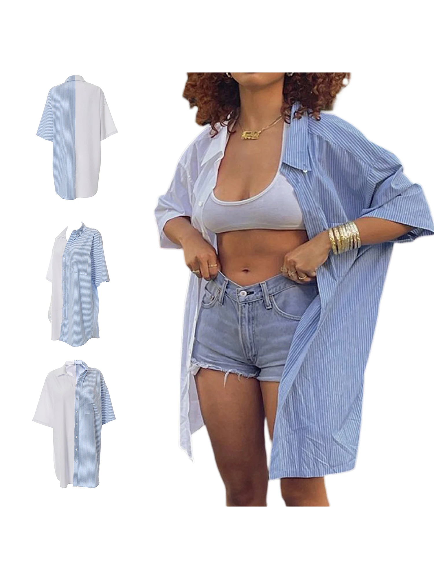 

Women Loose Style Shirt Blue White Stripe Printed Pattern Short Sleeve Button-down Blouse S/ M/ L