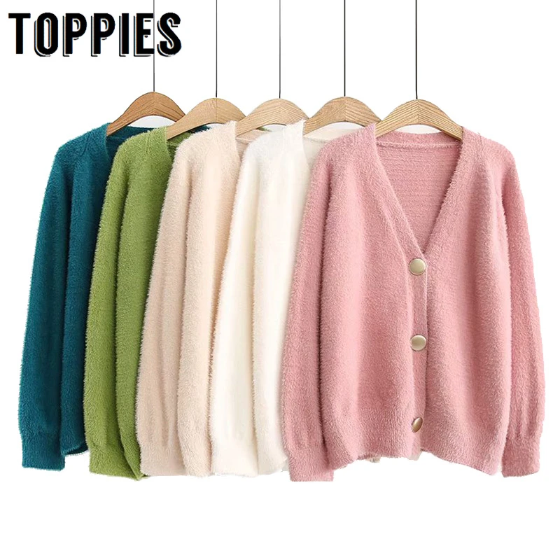 Loose Cardigan Sweater Women Gold Buckle Knitted Jacket Coat Solid Color V Neck Cardigan Autumn Winter Women Clothes