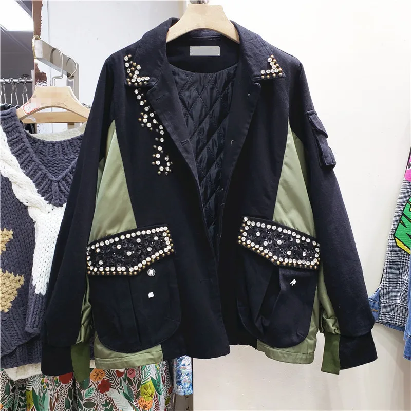 

Autumn 2023 Fashion Rivet Beaded Female Black Parkas Casual Patchwork Contrast Single-breasted Long Sleeve Women Cotton Outwear