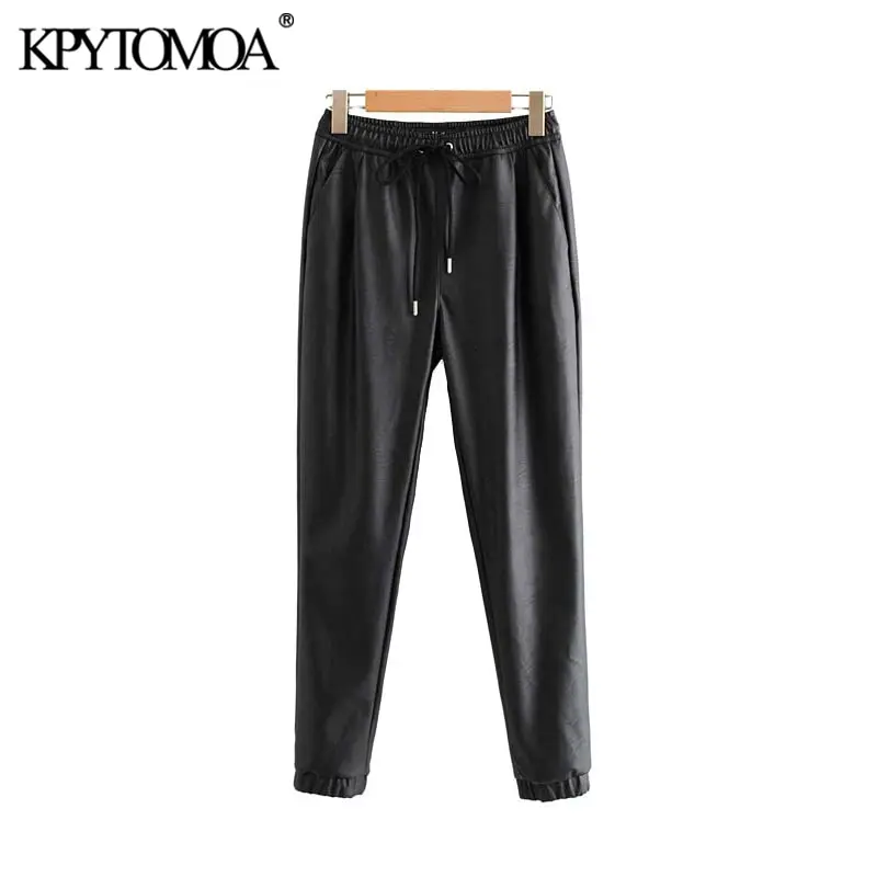 Женские винтажные брюки из искусственной кожи с карманами модные эластичным