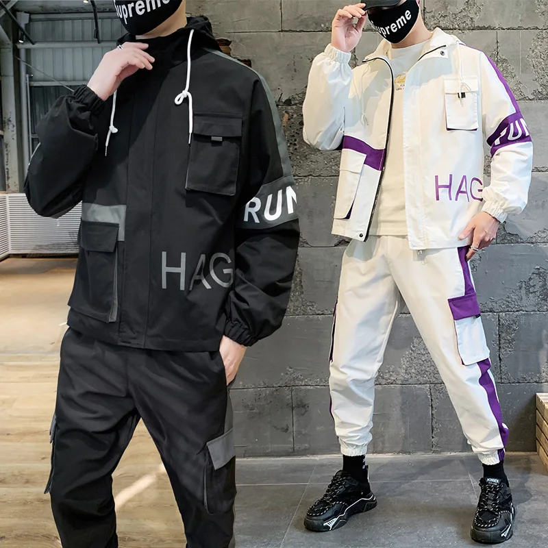 

Men Tracksuit Casual Hoodies Sets 2021 Spring New Male Jackets+Pants Two Piece Sets Hip Hop Streetwear Sports Suit Patchwor