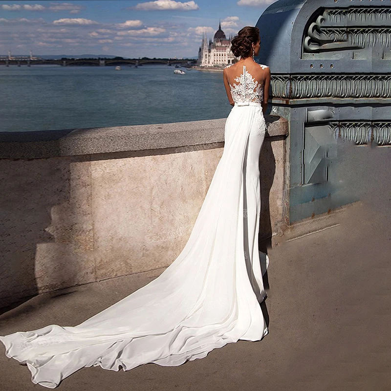 

White Elegant Evening Dress Illusion Boat Neck Embroidery Sleeveless A-Line Court Train Tulle Luxury Women Formal Dresses TS264