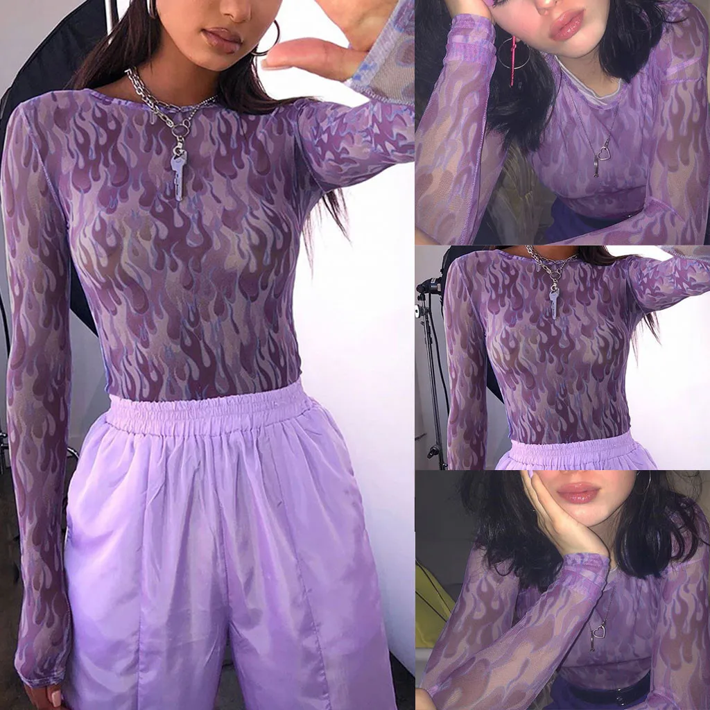 Женщины пламя сетки просвечивают Клубные вечерние с длинным рукавом Модные