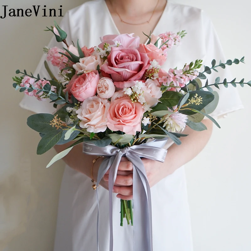 

JaneVini Vintage Dusty Pink Bridal Hand Bouquet Flowers Artificial Silk Roses Wedding Fake Bouquets Decoration Ramo De Boda 2021